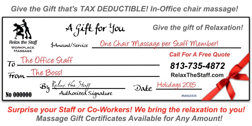 Relax the Staff gift certificate, on-site chair massage, gifts for co-workers or staff, chair massage, mobile massage, massage gift certificates